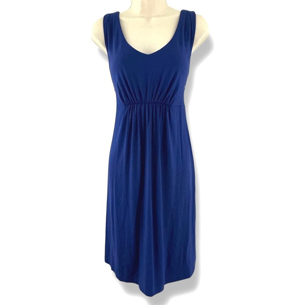 Tommy Bahama Navy Blue Tambour Shirred V-Neck Dress Size M Soft Knit Summer